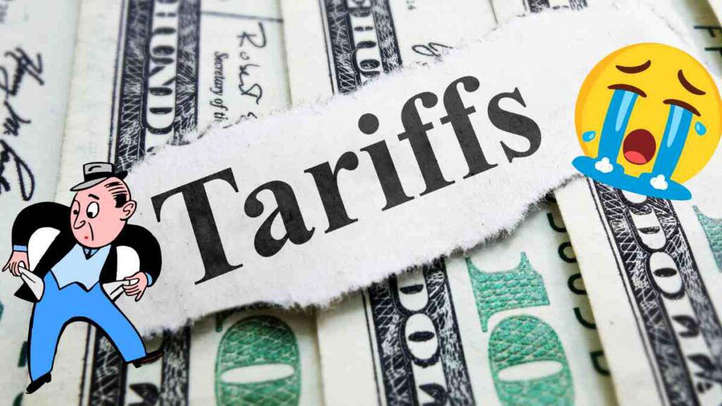 tariffs A piece of paper with the word 'Tariffs' on it is placed over several US dollar bills, accompanied by a cartoon character with empty pockets and a crying emoji.