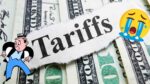 A piece of paper with the word 'Tariffs' on it is placed over several US dollar bills, accompanied by a cartoon character with empty pockets and a crying emoji.