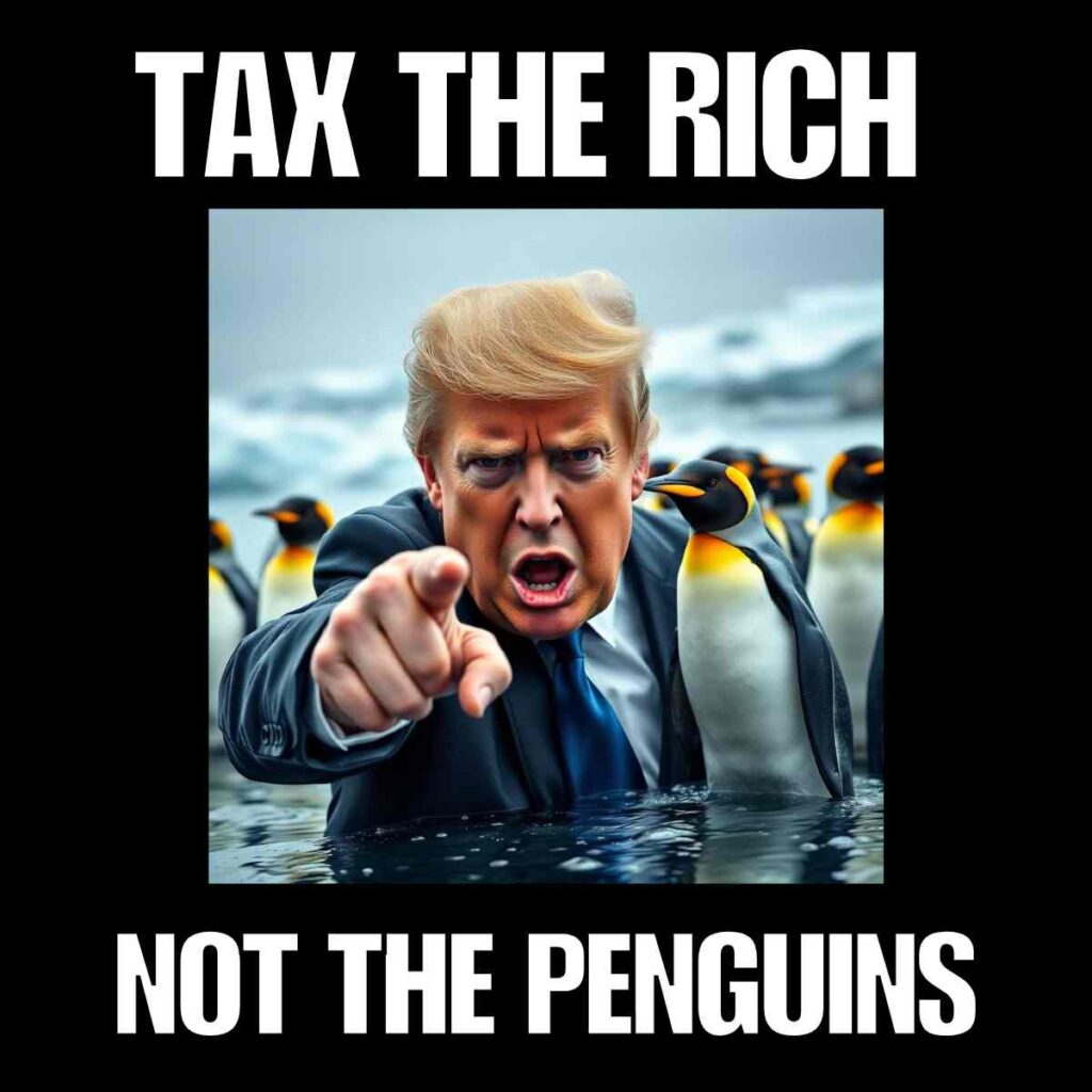 tax the rich tariff penguin meme A person resembling a political figure points angrily amid a group of penguins, with the text 'Tax the Rich, Not the Penguins' in bold above and below the image.