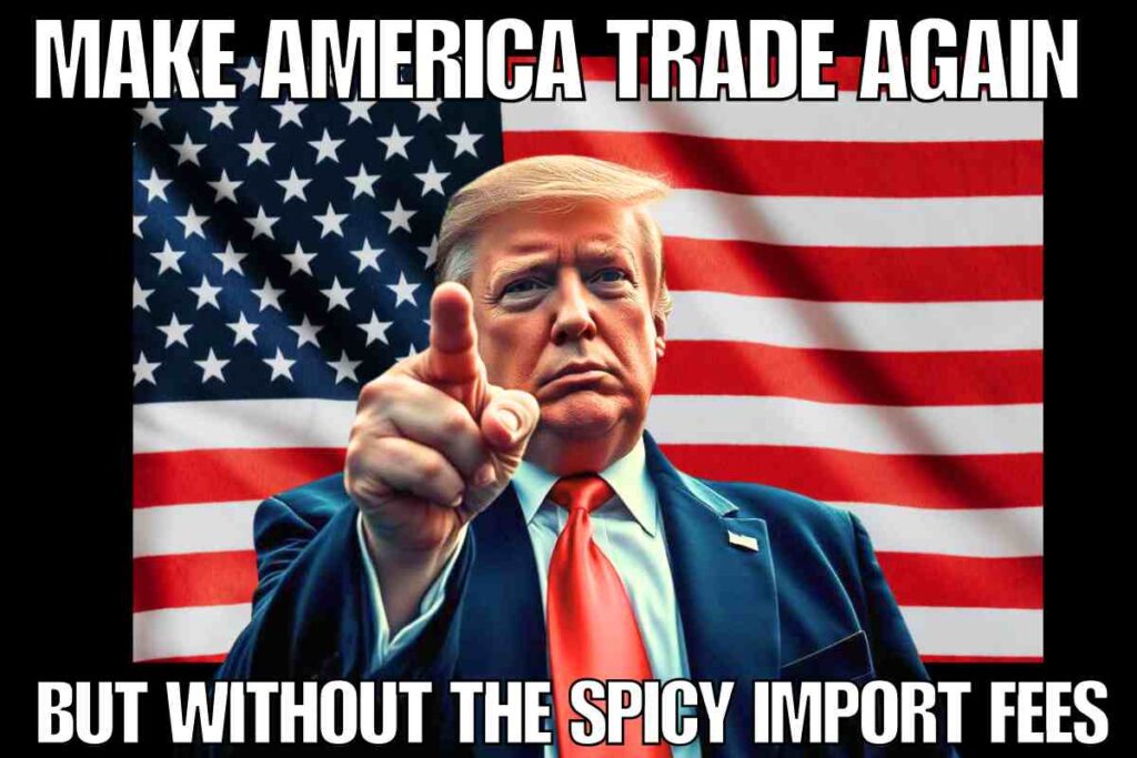 trade war meme A person in a suit pointing forward, standing in front of a USA flag, with text above and below: 'MAKE AMERICA TRADE AGAIN BUT WITHOUT THE SPICY IMPORT FEES.'