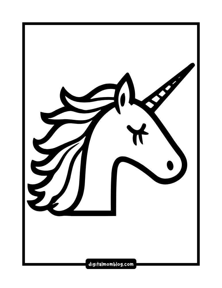 Simple black and white illustration of a unicorn head with a wavy mane and closed eyes, inside a rectangular frame.