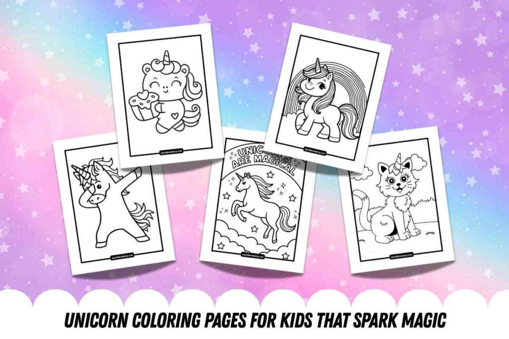 unicorn coloring pages for kids A set of five unicorn coloring pages for kids featuring various cute unicorn illustrations against a colorful starry background.