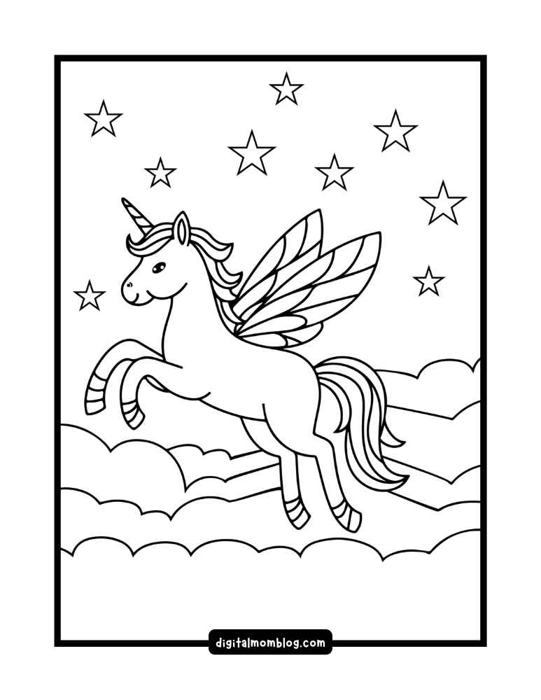 A coloring page of a unicorn with wings, flying among clouds and stars.