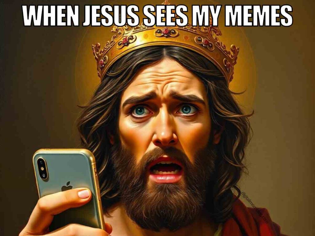 jesus memes funny An image of Jesus Christ bearded with a golden crown, holding an iPhone with an expression of surprise, accompanied by the text "WHEN JESUS SEES MY MEMES" at the top.