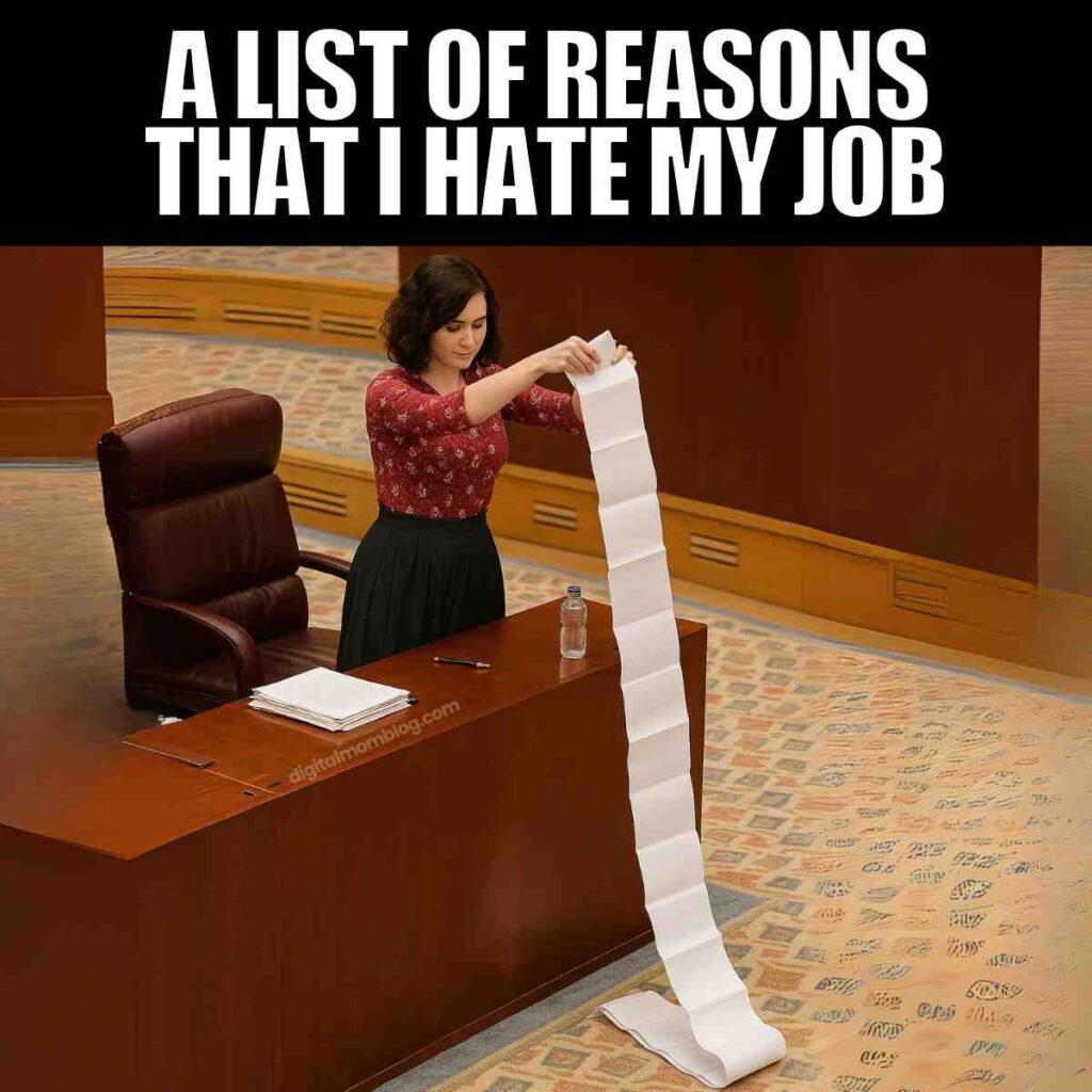 why i hate my job meme A woman standing at a desk, unfolding a long piece of paper, with the text "A list of reasons that I hate my job" written above her.
