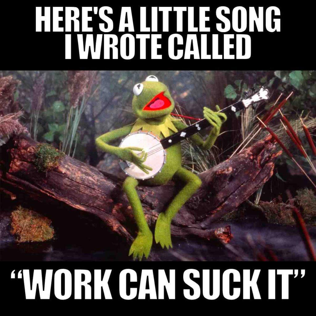 work meme inappropriate A green frog character sitting on a log in a natural setting, playing a banjo. The text above reads, "Here's a little song I wrote called" and below, "Work Can Suck It."