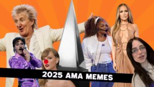 A collage of various celebrities with humorous or altered elements, set against an orange background, with the text '2025 AMA MEMES' at the bottom.