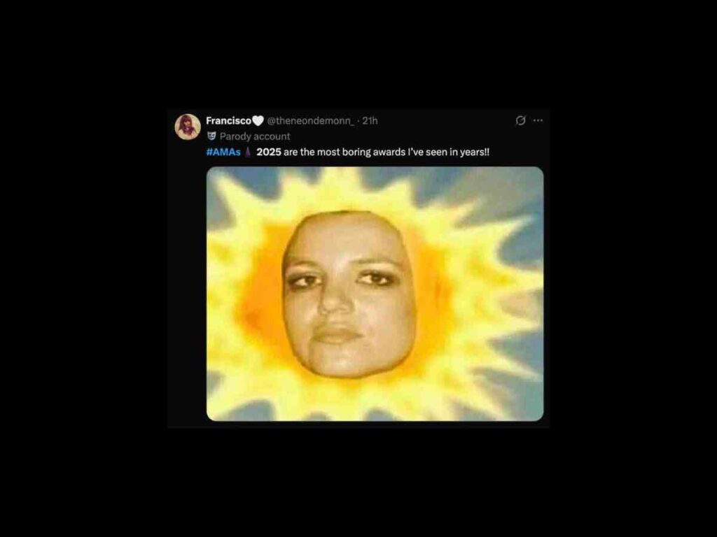2025 amas meme A Twitter AMA meme by a parody account with a photoshopped image featuring a person's face edited onto a cartoon sun. The tweet humorously comments on the 2025 AMAs, calling them boring.