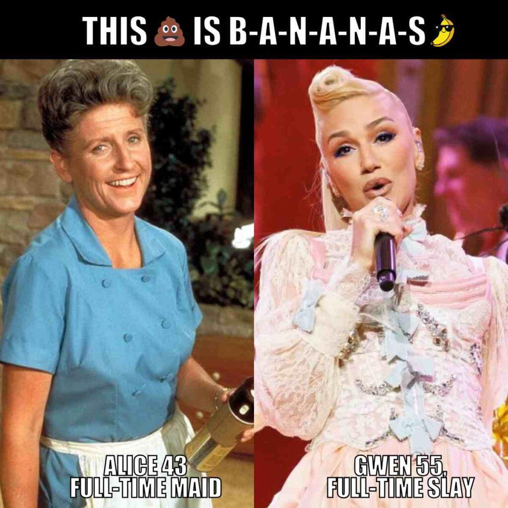 ama gwen stefani meme Split 2025 AMA meme showing text saying 'This is B-A-N-A-N-A-S'. Left side showing Alice from Brady Bunch and Gwen Stefani