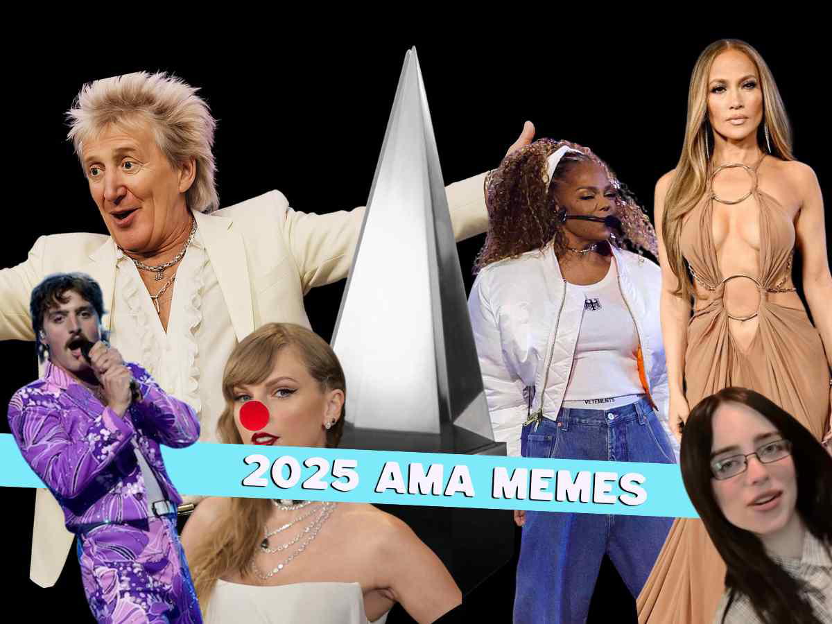 ama memes 2025 A collage image featuring a mix of music artists and personalities with a large award trophy in the center, labeled '2025 AMA Memes,' suggesting a humorous take on the American Music Awards.