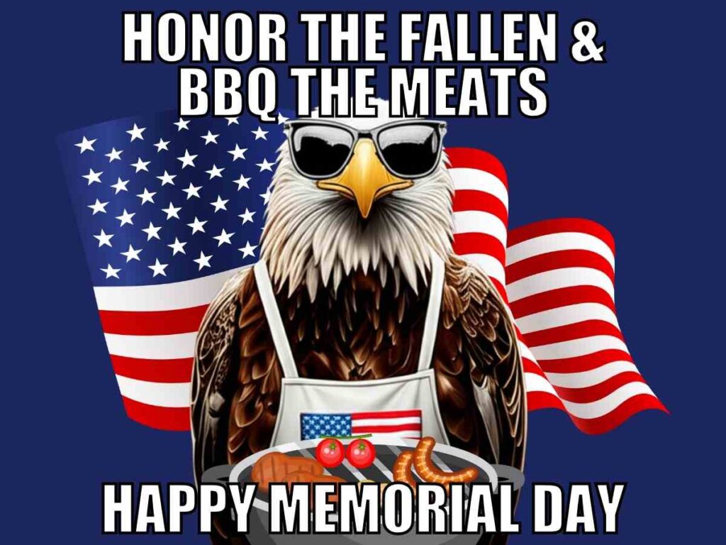 happy memorial day meme An illustration of an eagle wearing sunglasses and a white apron while holding a plate of barbecue meats, with a waving American flag in the background. The text reads, 'Honor the Fallen & BBQ the Meats, Happy Memorial Day.'