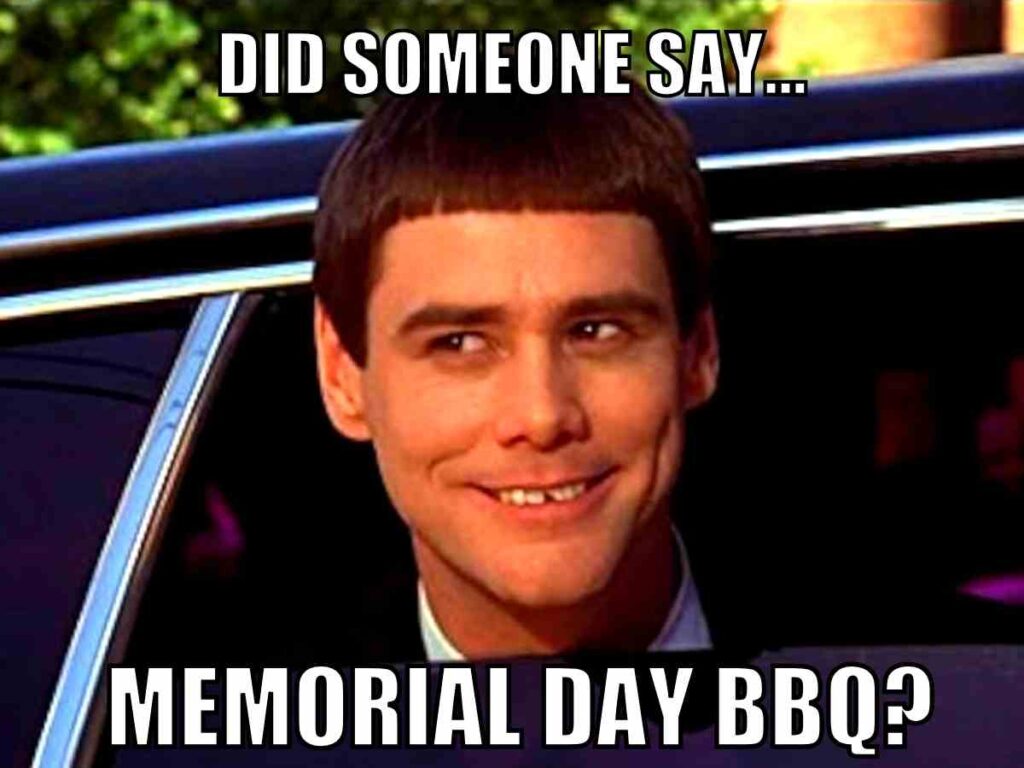 memorial day bbq meme A person sitting inside a car with a humorous expression, captioned "Did someone say... Memorial Day BBQ?"