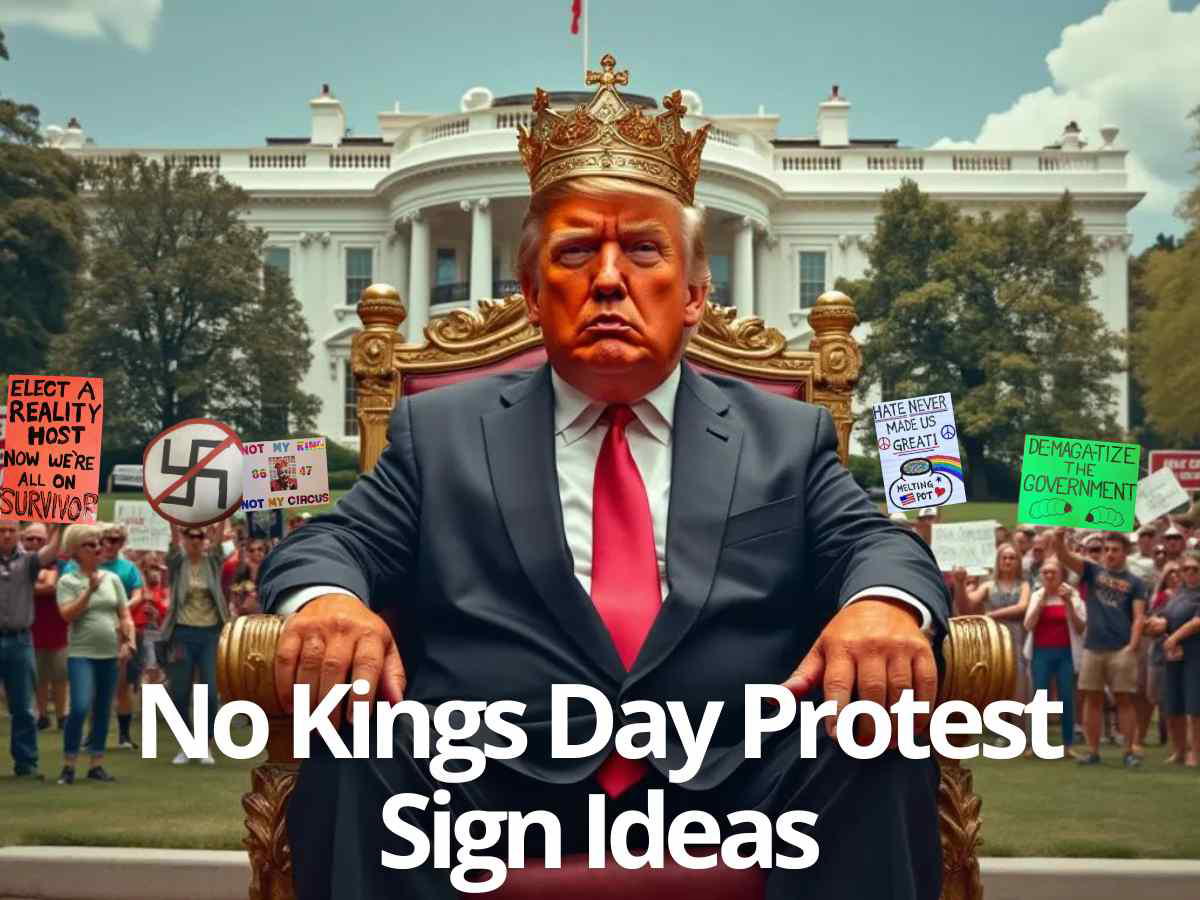 Best No Kings Day Protest Sign Ideas Donald Trump depicted as a king on a throne with protestors holding No Kings protest signs in front of the White House, featuring anti-monarchy and anti-Trump messages.