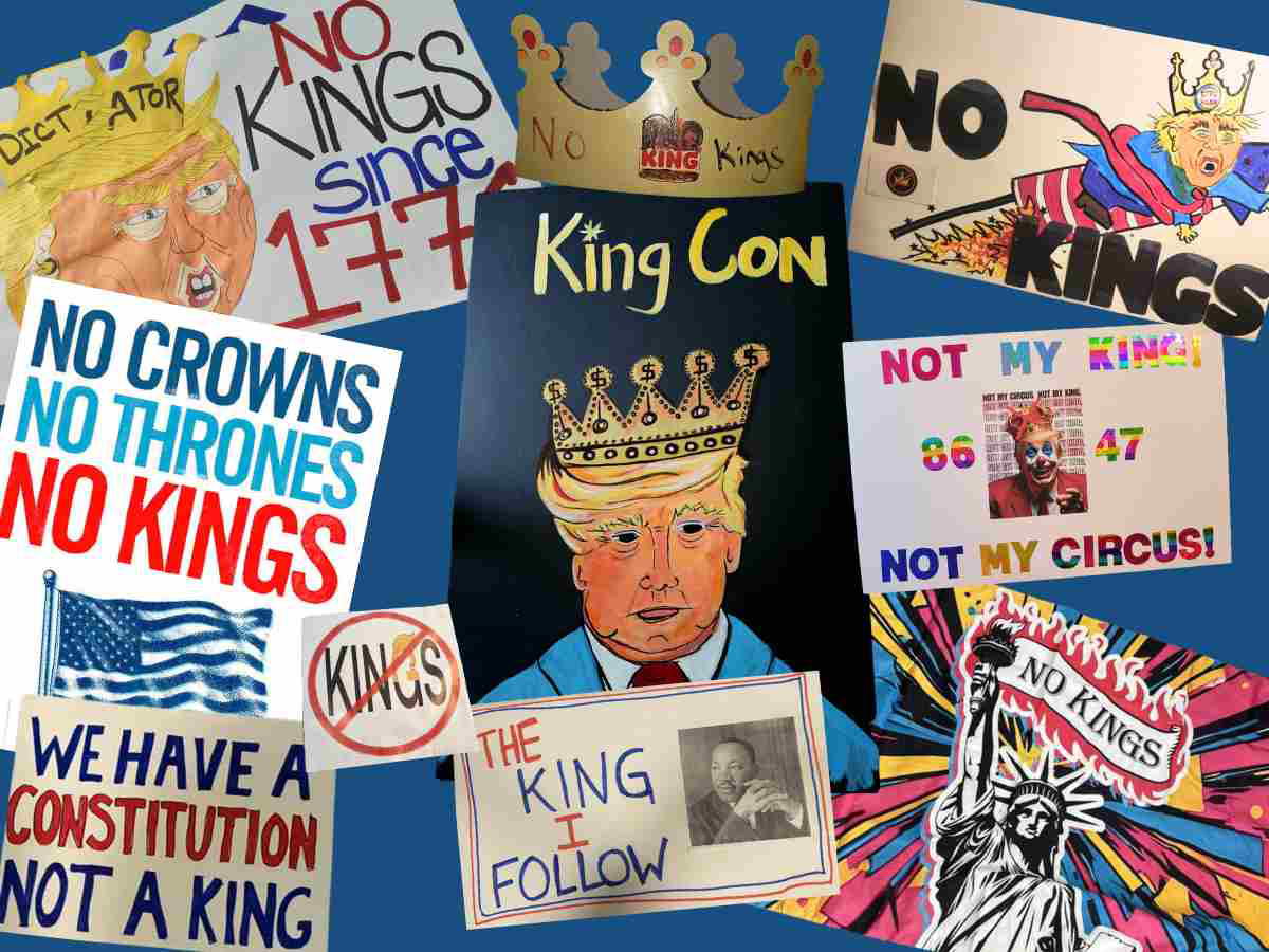 No Kings Protest Signs Collage of No Kings protest signs featuring a variety of bold messages and visual styles