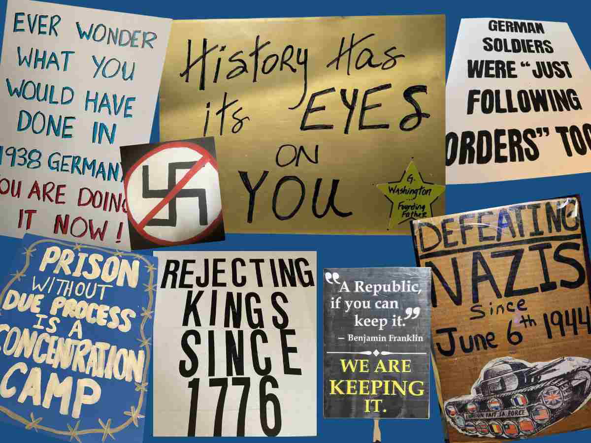 Protest Sign Ideas Historical Historical-themed No Kings protest sign ideas collage with vintage graphics and references to monarchy and revolution