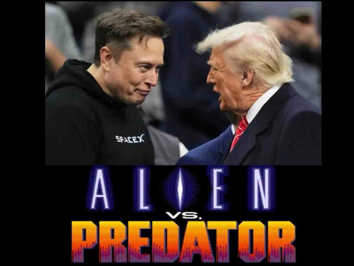 alien vs predator meme trump musk A satirical image featuring two men facing each other closely, with one wearing a SpaceX hoodie and the other in a suit, overlaid with the text "Alien vs. Predator."