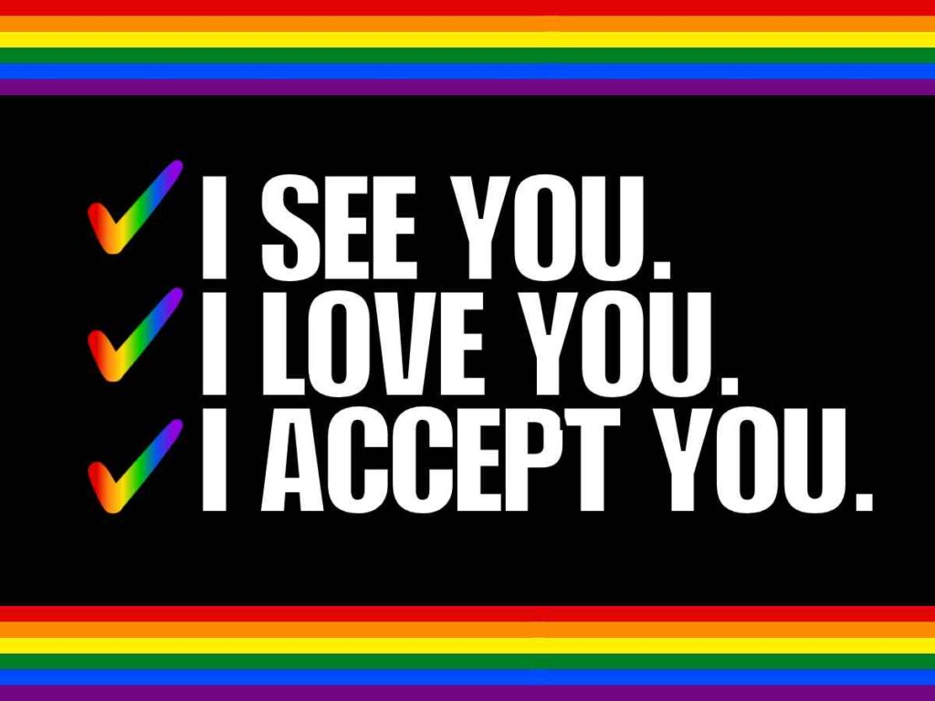ally meme A lgtbq ally meme with the text "I SEE YOU. I LOVE YOU. I ACCEPT YOU." alongside rainbow-colored check marks on a black background, bordered by a rainbow stripe at the top and bottom.