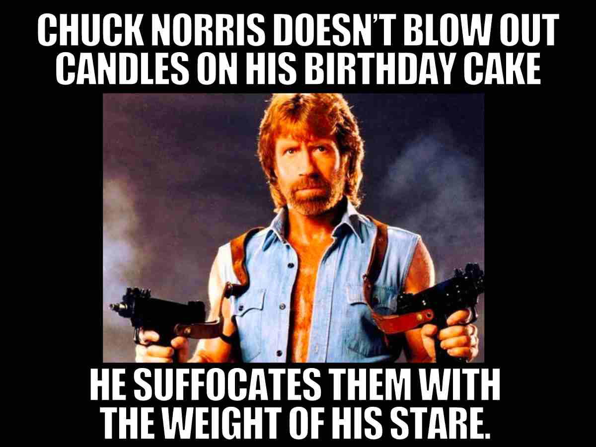 Funny men birthday meme featuring Chuck Norris with the caption Chuck Norris doesn’t blow out candles, he suffocates them with his stare