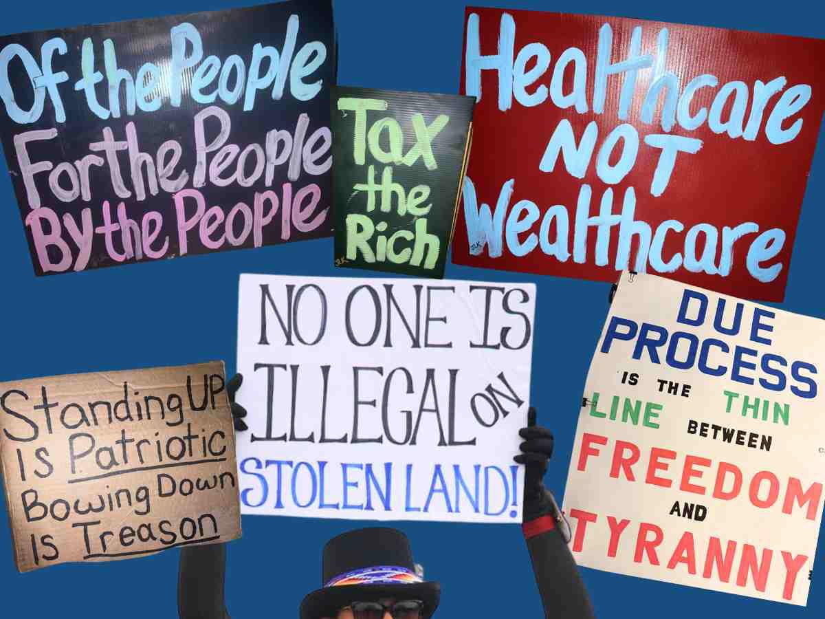 clever no kings protest signs Collage of clever No Kings protest sign ideas using smart wordplay and visually striking designs