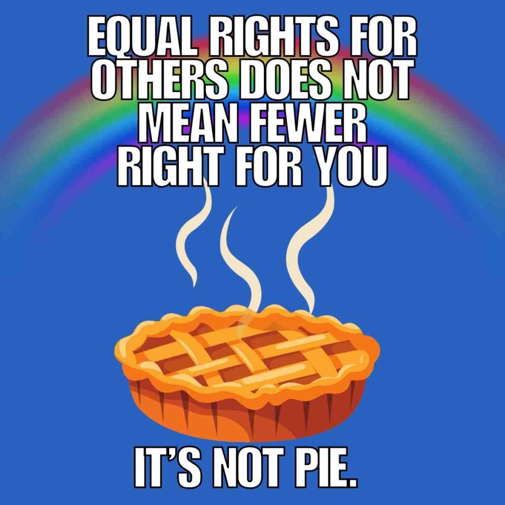 equal rights ally meme Gay equal rights meme showing a steaming pie with a rainbow in the background, featuring text: "Equal rights for others does not mean fewer rights for you. It's not pie."