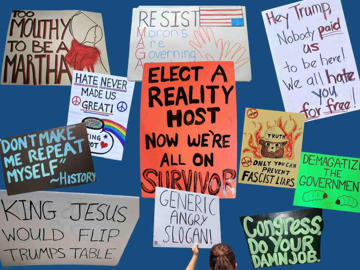 funny no kings protest sign ideas Collage of funny No Kings protest sign ideas with witty slogans and humorous graphics