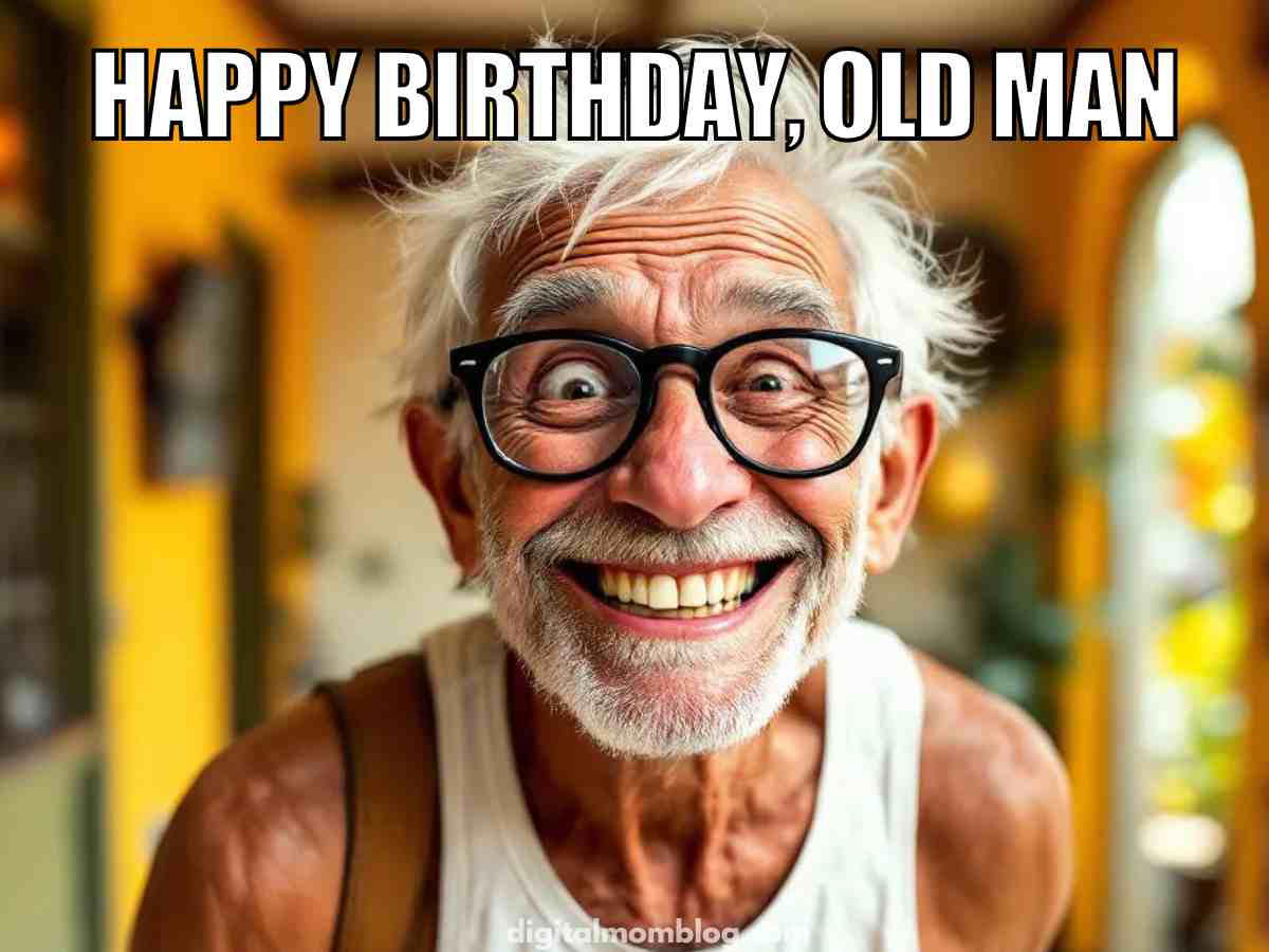 Happy birthday old man meme featuring a smiling elderly man with glasses in a tank top