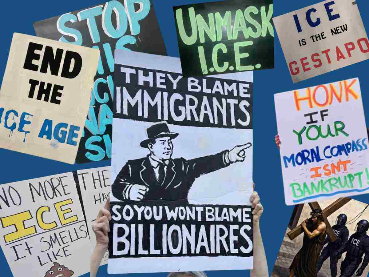 ice protest signs Collage of ICE protest signs with various slogans and messages calling to abolish ICE, support immigrant rights, and end deportations.