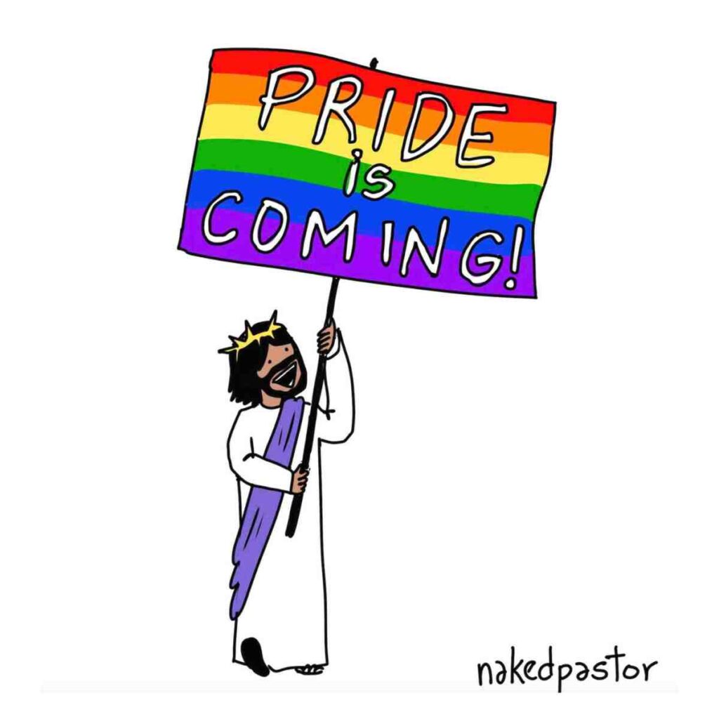 jesus gay ally meme Christian ally meme showing a drawing of a Jesus wearing a crown and white robe with a purple sash, holding a rainbow flag that reads "Pride is Coming!"