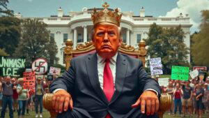 A caricature of a person in a suit wearing a crown, seated on a throne in front of the White House, surrounded by protesters holding various signs.