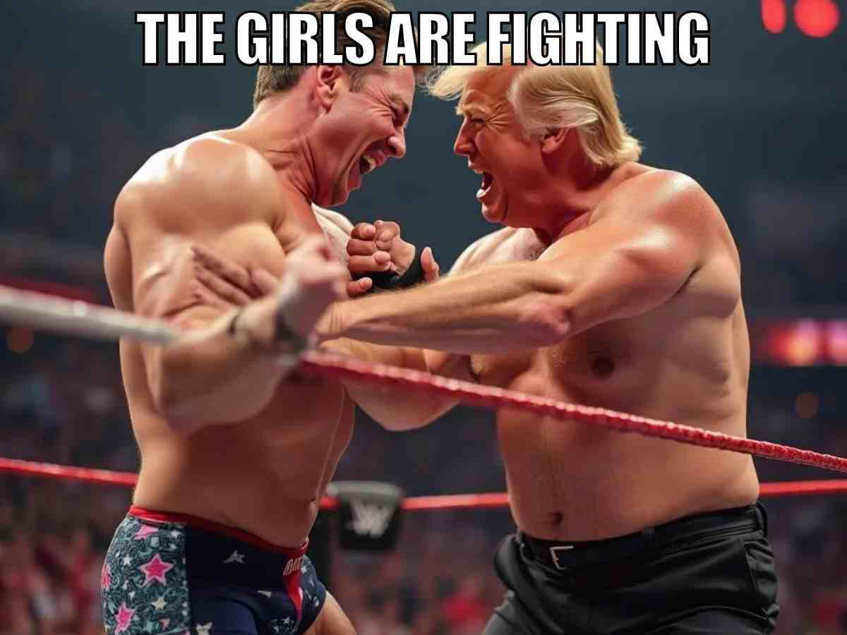 the girls are fighting meme trump musk Two muscular men in a wrestling ring, engaged in an intense struggle. One man with short blonde hair is wearing black trunks, and the other is wearing trunks with a star pattern. The top of the image has white bold text that reads 'The Girls Are Fighting.'