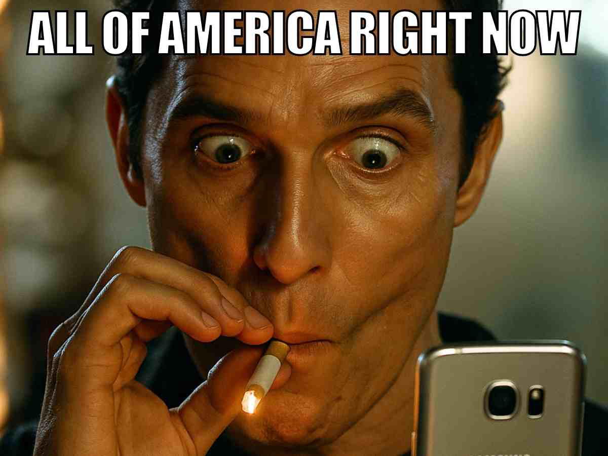 trump vs elon musk america watching meme A funny meme of a surprised man looking at a smartphone while holding a lit cigarette, with the caption "ALL OF AMERICA RIGHT NOW" on top in reaction to the donald trump and elon musk fight over the big beautiful bill.