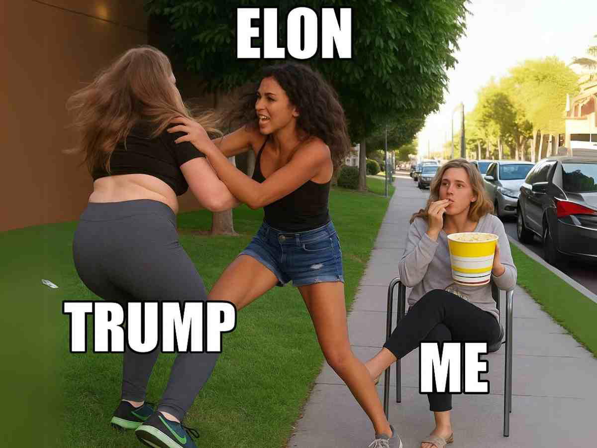 trump vs elon musk girls fighting meme A meme showing two people fighting labeled 'ELON' and 'TRUMP,' while a third person sits eating popcorn labeled 'ME.'