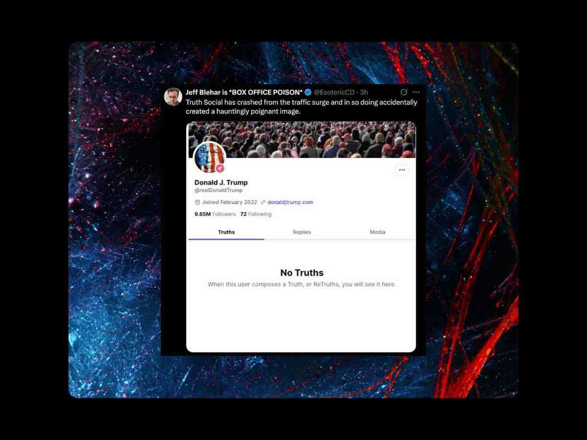 trump vs elon musk truth social meme A funny meme showing a screenshot of a social media post by Jeff Blehar commenting on Truth Social crashing, showing Donald J. Trump's profile with 9.85M followers and a "No Truths" message, set against a colorful abstract background.