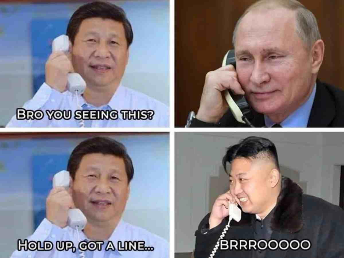 trump vs elon musk world leaders meme Three-panel meme of world leaders laughing at the elon musk and donald trump feud