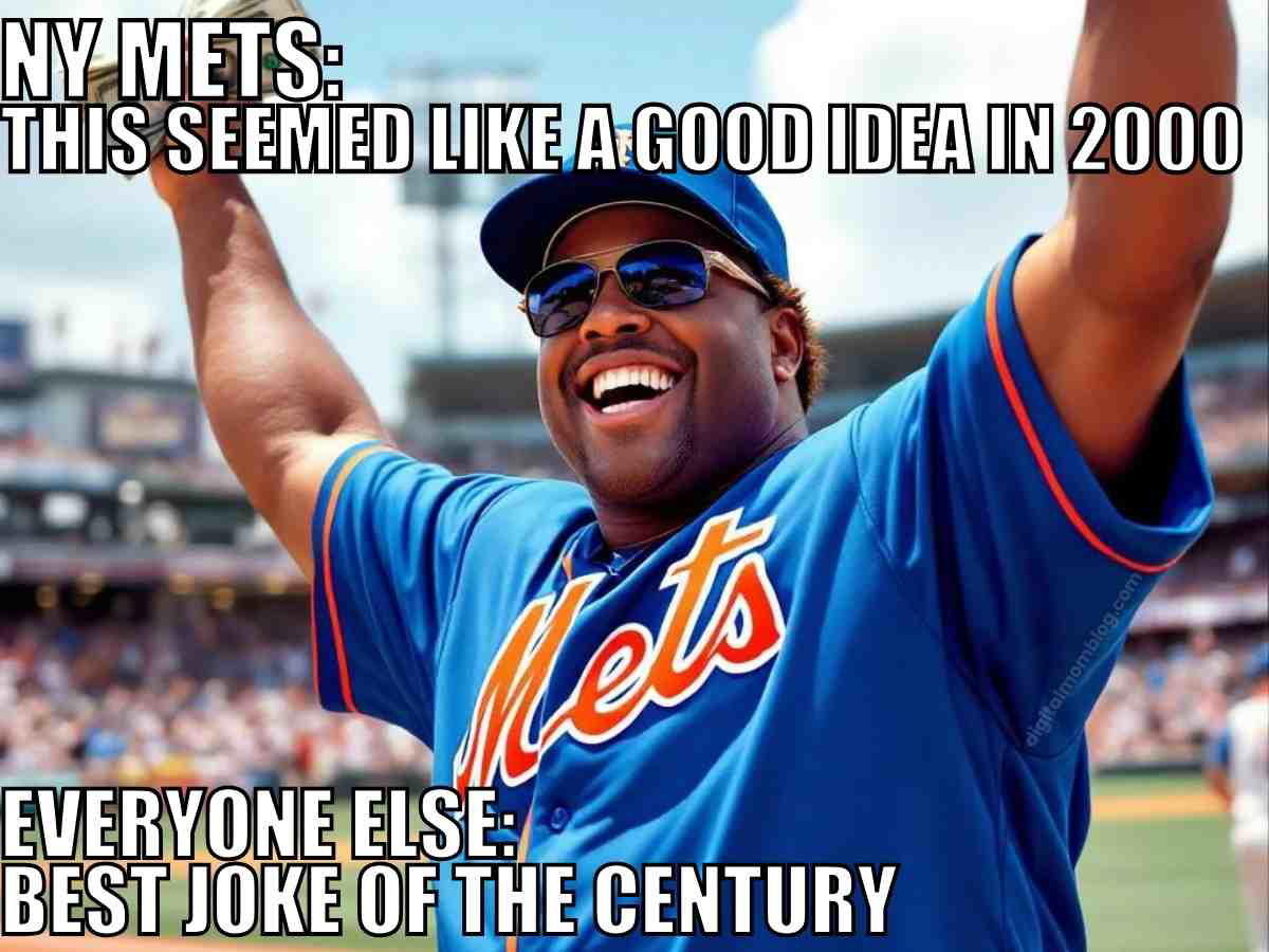 bobby bonilla day meme new york mets Bobby Bonilla in Mets gear celebrating with meme caption "NY Mets: This seemed like a good idea in 2000. Everyone else: Best joke of the century"