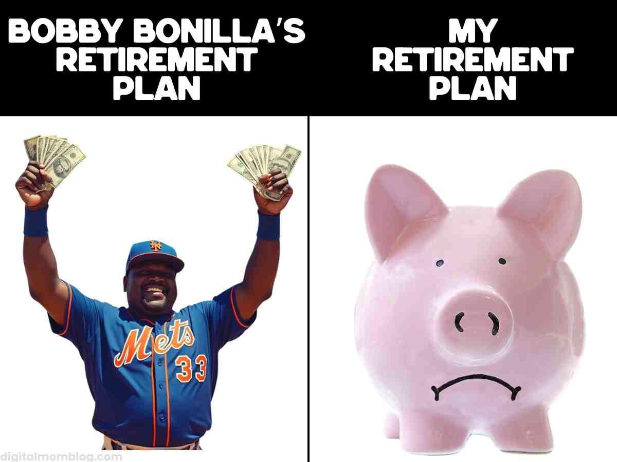 bobby bonilla day meme retirement plan Side-by-side meme of Bobby Bonilla holding money vs sad piggy bank, comparing retirement plans