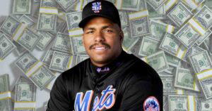 bobby bonilla day memes july 1st A person wearing a Mets baseball uniform with numerous bundles of U.S. $100 bills in the background.