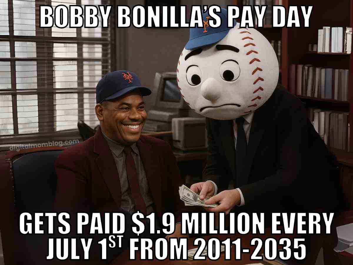 bobby bonilla meme Bobby Bonilla smiling while Mr. Met sadly hands him cash with meme caption about .9 million every July 1st