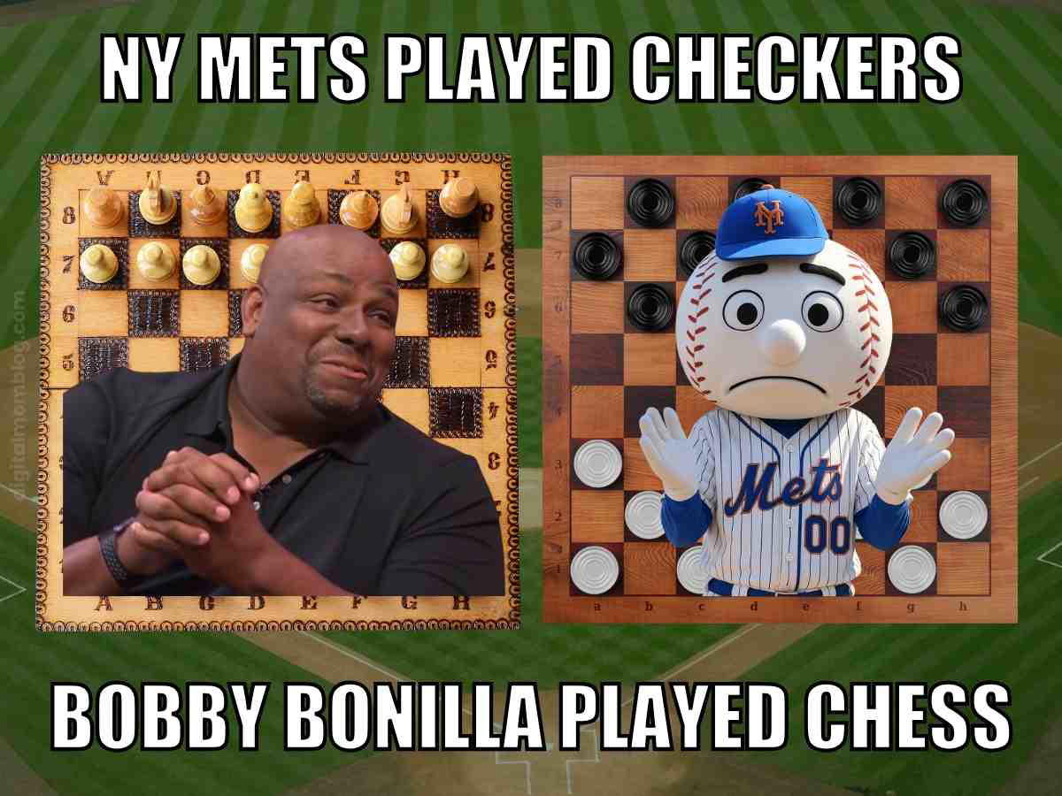 funny bobby bonilla day meme Side-by-side meme of Bobby Bonilla smirking next to a sad Mr. Met, with the caption "NY Mets played checkers, Bobby Bonilla played chess" referencing his legendary deferred contract deal.