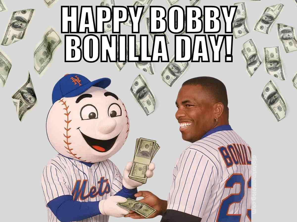 happy bobby bonilla day meme Bobby Bonilla smiling as Mr. Met hands him cash with meme caption "Happy Bobby Bonilla Day"