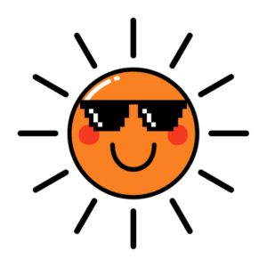 A cartoon sun with a smiling face, wearing pixelated sunglasses and blushing cheeks, surrounded by black rays.