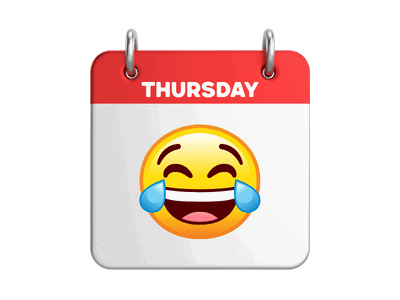 A calendar page with a red header displaying 'Thursday' and a laughing emoji with tears of joy in the center.