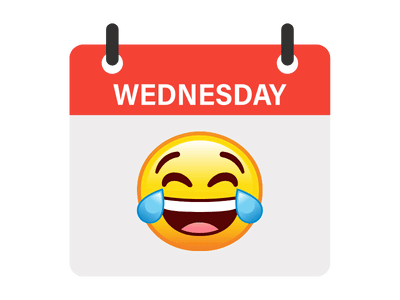 A calendar page displaying "Wednesday" with a laughing emoji featuring tears of joy.